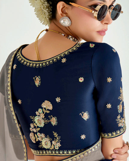 Captivating Dusty Grey and Prussian Blue Organza Tissue Embroidered Designer Wedding Saree