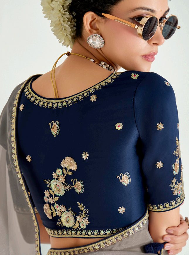 Captivating Dusty Grey and Prussian Blue Organza Tissue Embroidered Designer Wedding Saree