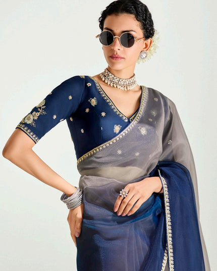 Captivating Dusty Grey and Prussian Blue Organza Tissue Embroidered Designer Wedding Saree