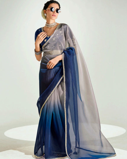 Captivating Dusty Grey and Prussian Blue Organza Tissue Embroidered Designer Wedding Saree