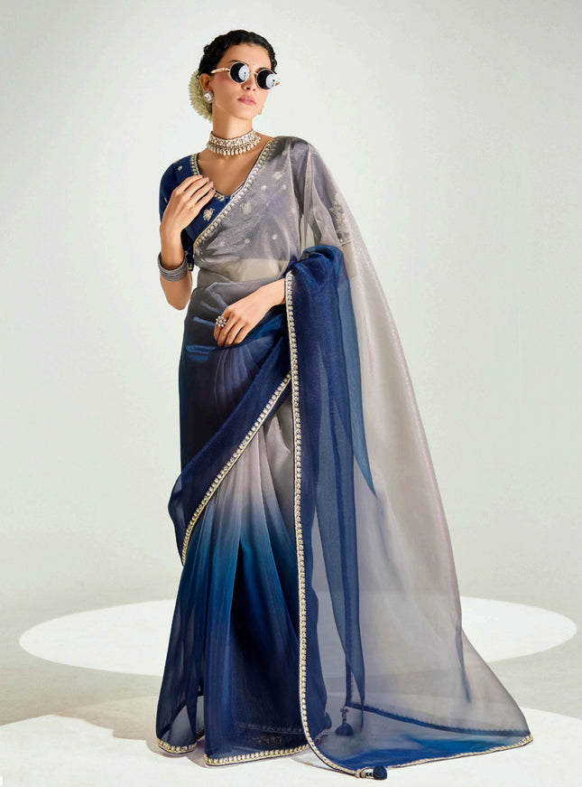 Captivating Dusty Grey and Prussian Blue Organza Tissue Embroidered Designer Wedding Saree