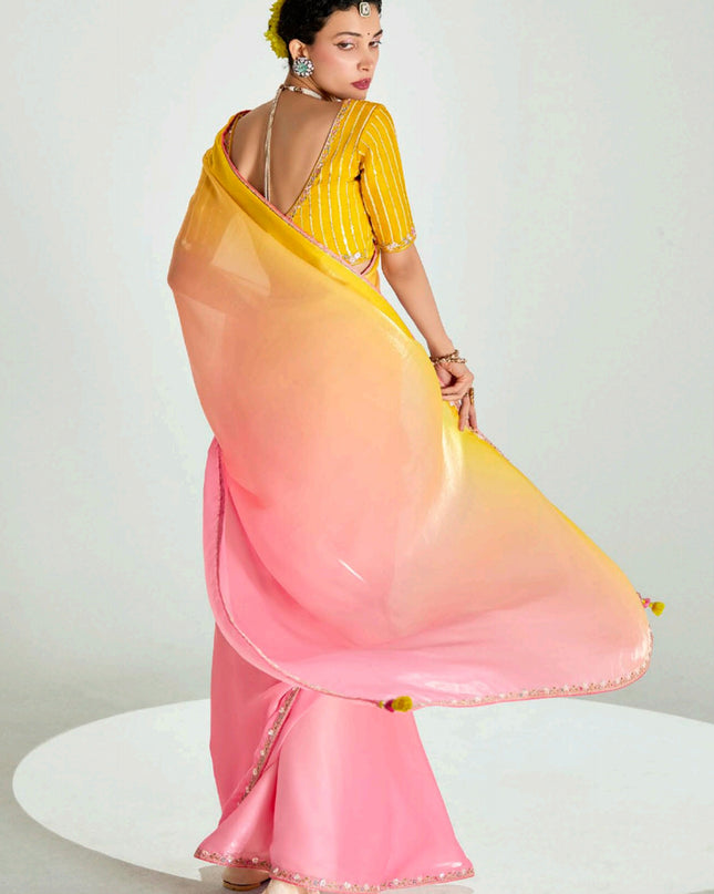 Mesmerizing Multicolor Organza Tissue Embroidered Designer Wedding Saree