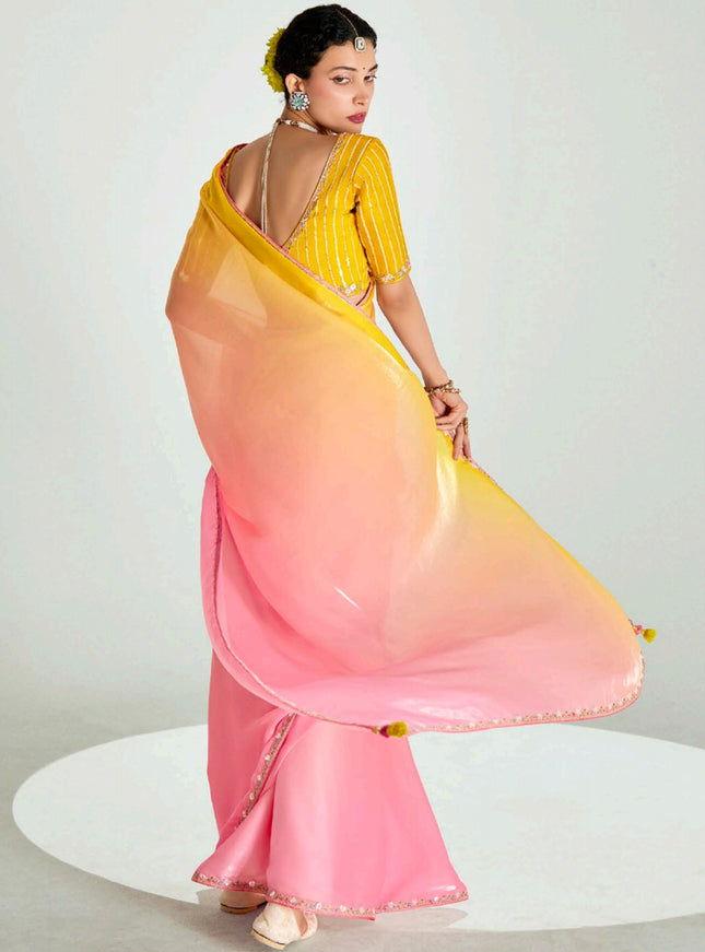 Mesmerizing Multicolor Organza Tissue Embroidered Designer Wedding Saree