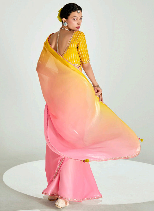Mesmerizing Multicolor Organza Tissue Embroidered Designer Wedding Saree