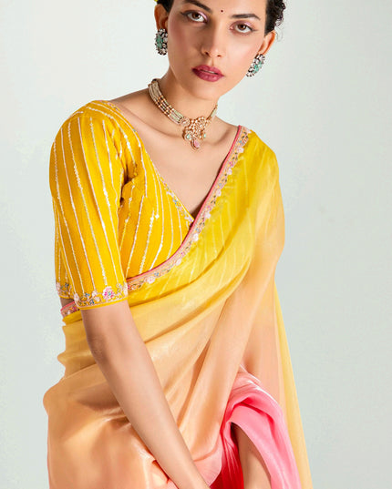 Mesmerizing Multicolor Organza Tissue Embroidered Designer Wedding Saree