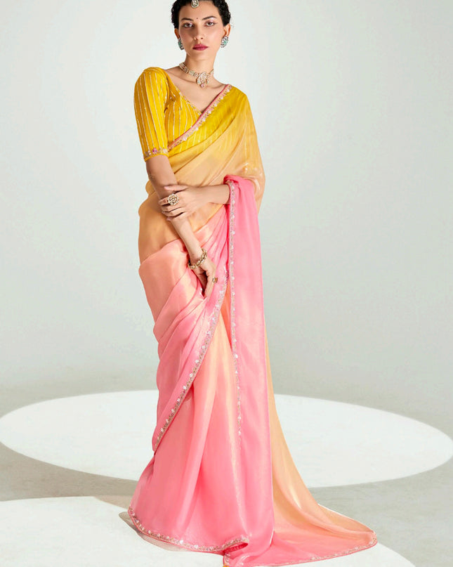 Mesmerizing Multicolor Organza Tissue Embroidered Designer Wedding Saree
