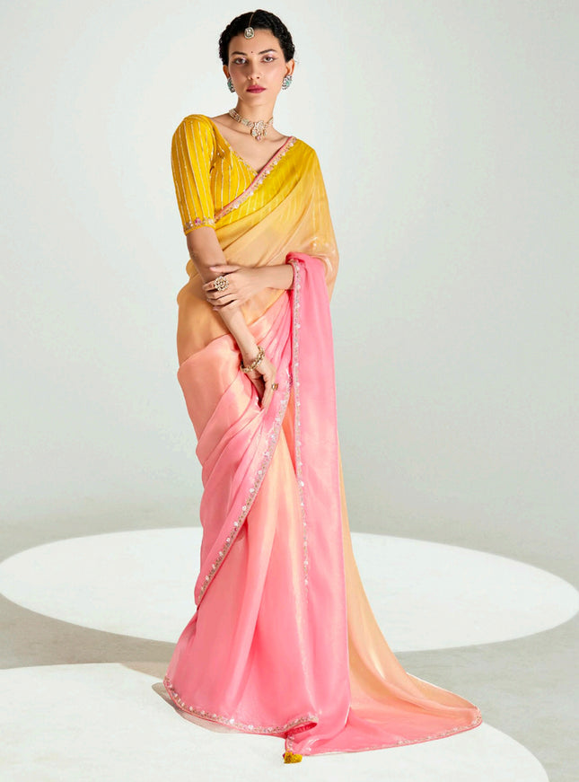 Mesmerizing Multicolor Organza Tissue Embroidered Designer Wedding Saree