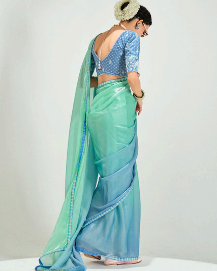 Fascinating Sea Green and Azure Blue Organza Tissue Embroidered Designer Wedding Saree
