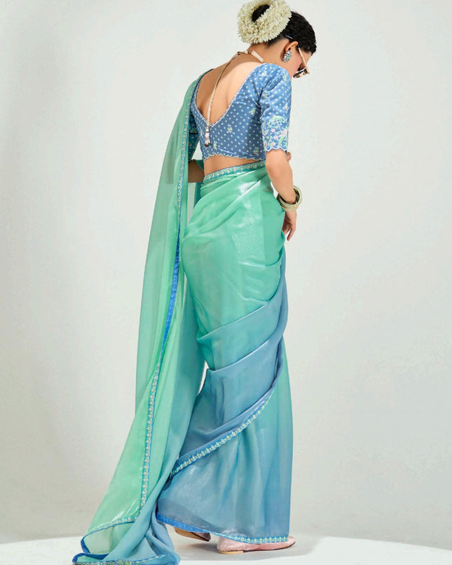 Fascinating Sea Green and Azure Blue Organza Tissue Embroidered Designer Wedding Saree