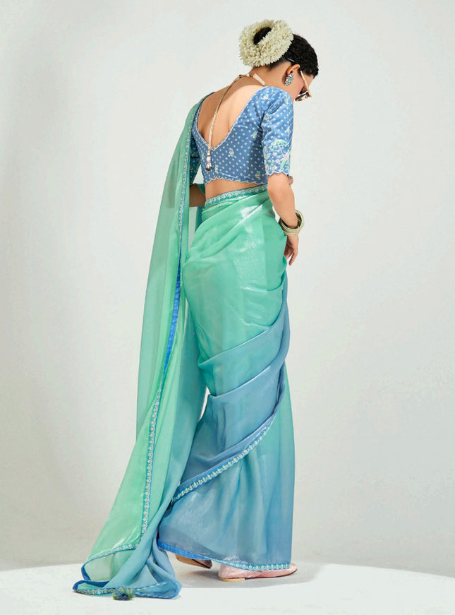 Fascinating Sea Green and Azure Blue Organza Tissue Embroidered Designer Wedding Saree