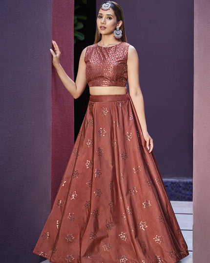 Charming Rust Orange Art Silk Lehenga Choli with Jacket