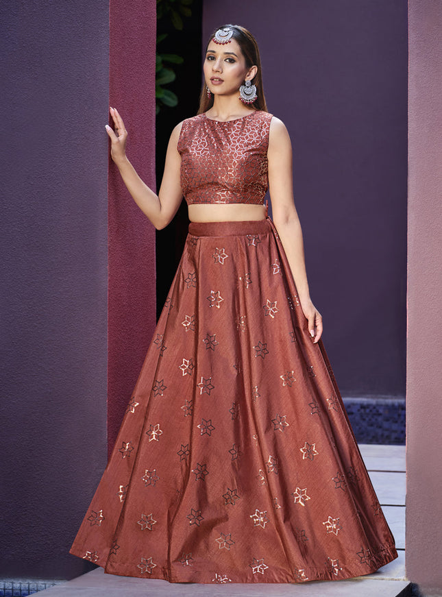 Charming Rust Orange Art Silk Lehenga Choli with Jacket