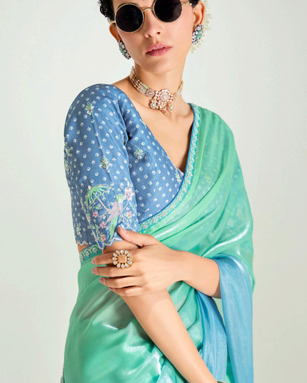 Fascinating Sea Green and Azure Blue Organza Tissue Embroidered Designer Wedding Saree