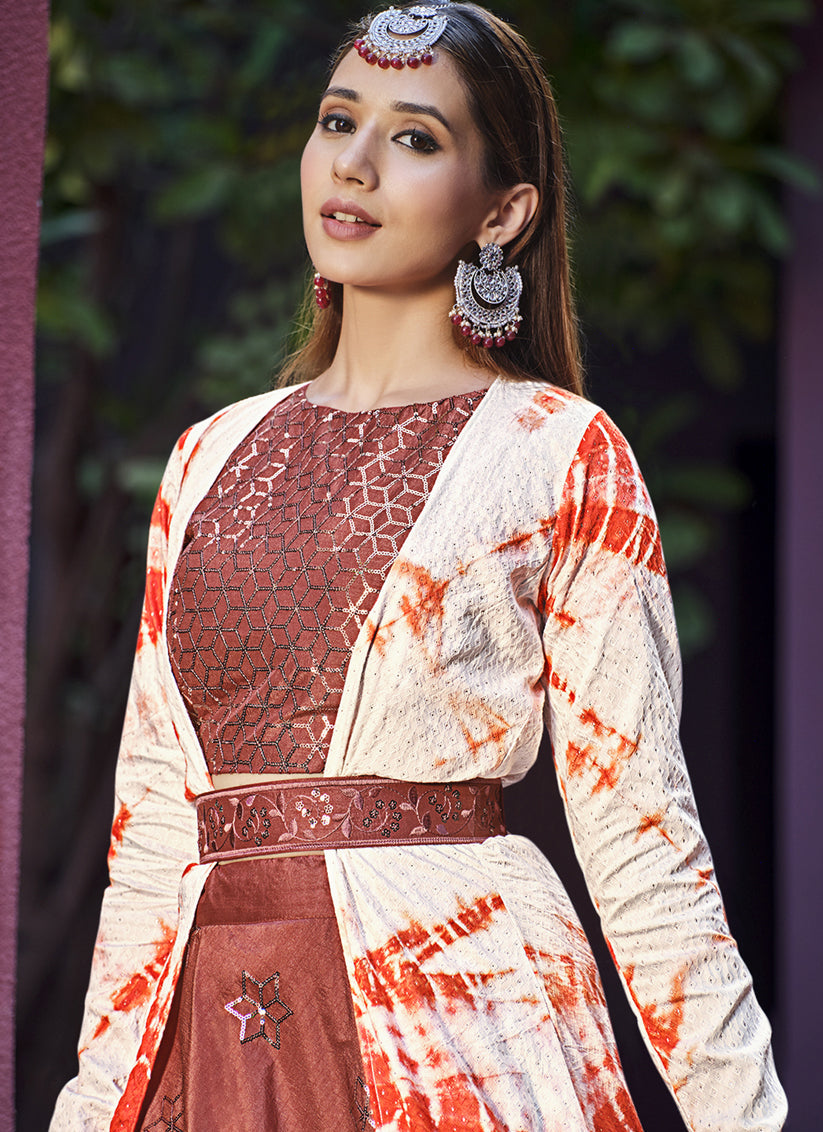 Charming Rust Orange Art Silk Lehenga Choli with Jacket