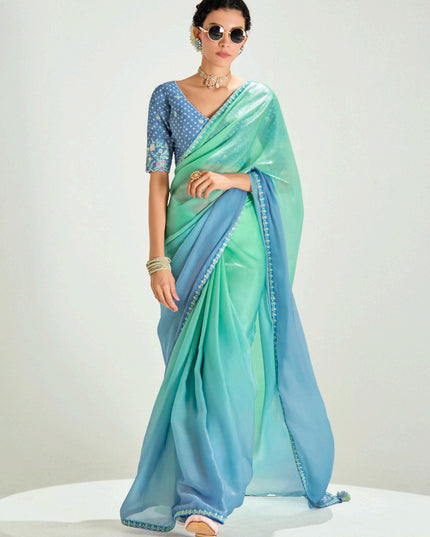Fascinating Sea Green and Azure Blue Organza Tissue Embroidered Designer Wedding Saree