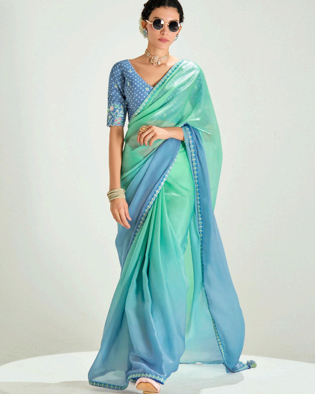 Fascinating Sea Green and Azure Blue Organza Tissue Embroidered Designer Wedding Saree