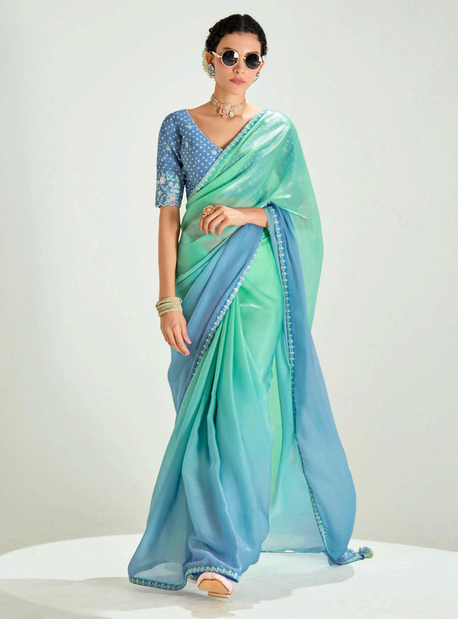 Fascinating Sea Green and Azure Blue Organza Tissue Embroidered Designer Wedding Saree