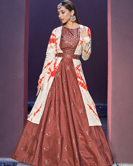 Charming Rust Orange Art Silk Lehenga Choli with Jacket