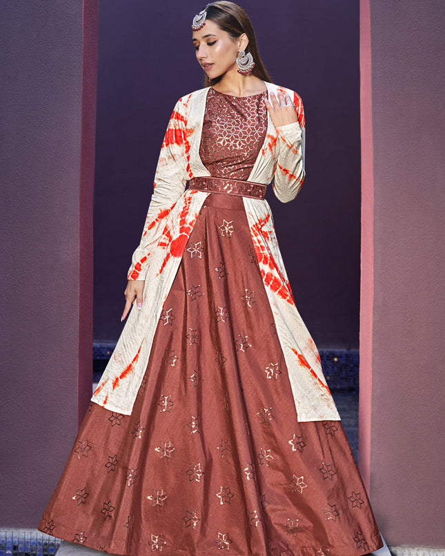 Charming Rust Orange Art Silk Lehenga Choli with Jacket