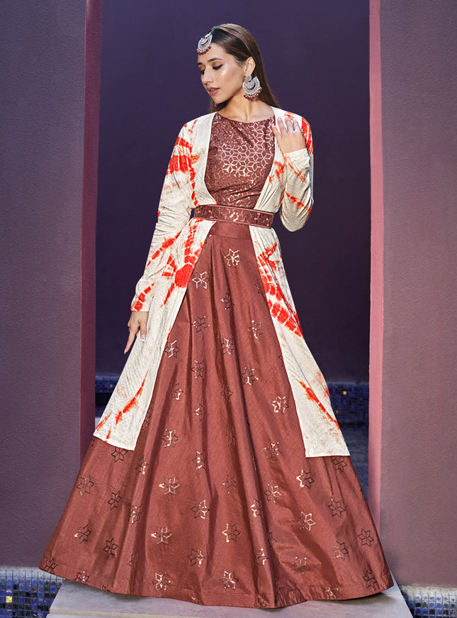 Charming Rust Orange Art Silk Lehenga Choli with Jacket