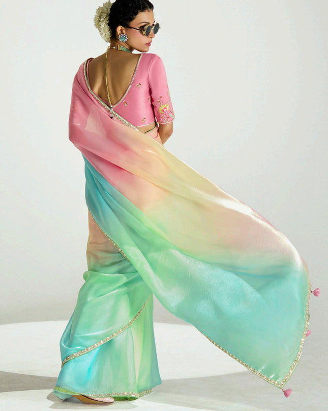 Ravishing Multicolor Organza Tissue Embroidered Designer Wedding Saree