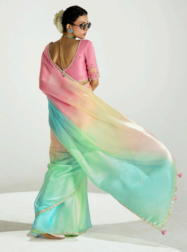 Ravishing Multicolor Organza Tissue Embroidered Designer Wedding Saree