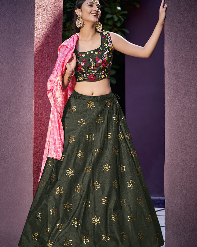 Fashionable Moss Green Art Silk Lehenga Choli with Jacket