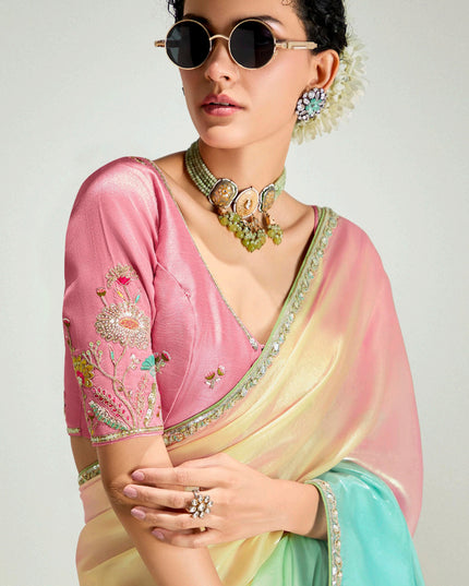 Ravishing Multicolor Organza Tissue Embroidered Designer Wedding Saree