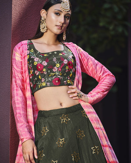 Fashionable Moss Green Art Silk Lehenga Choli with Jacket