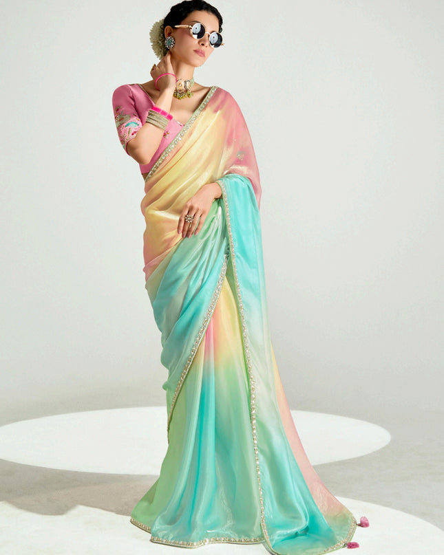 Ravishing Multicolor Organza Tissue Embroidered Designer Wedding Saree