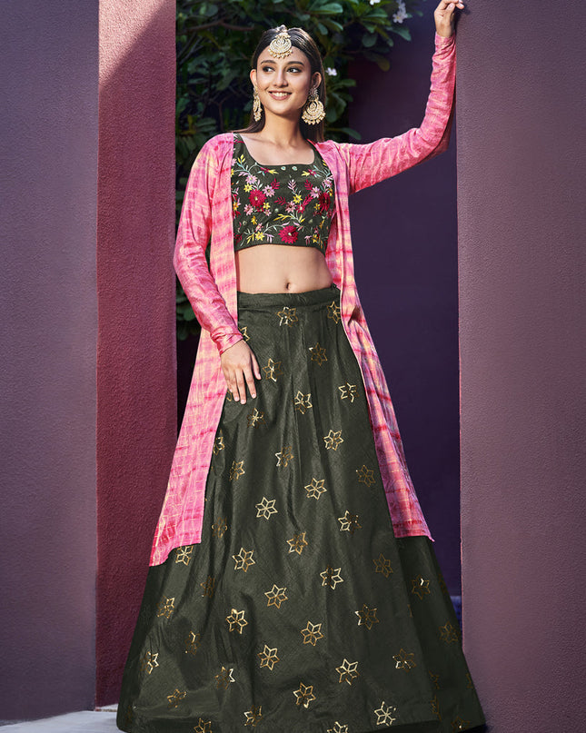 Fashionable Moss Green Art Silk Lehenga Choli with Jacket