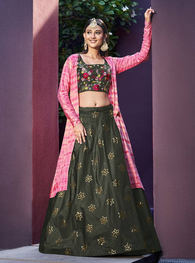 Fashionable Moss Green Art Silk Lehenga Choli with Jacket