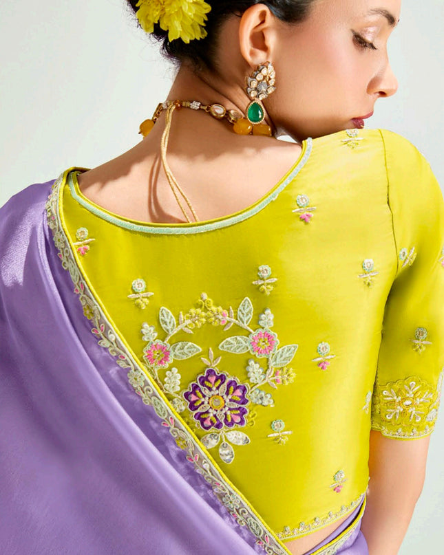 Bewitching Lavender and Lemon Yellow Organza Tissue Embroidered Designer Wedding Saree