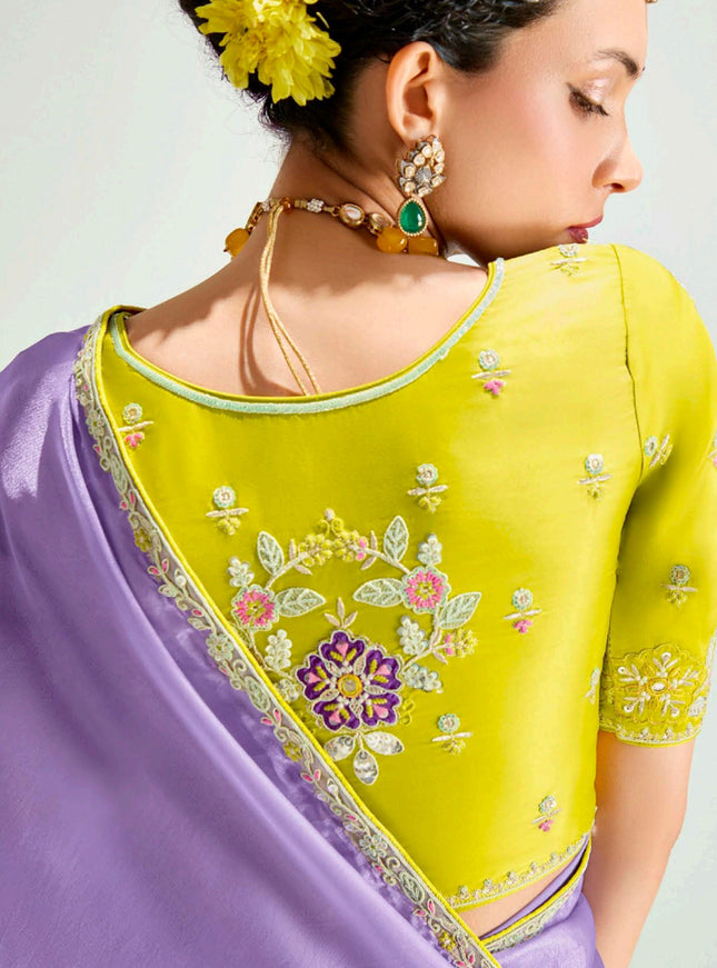 Bewitching Lavender and Lemon Yellow Organza Tissue Embroidered Designer Wedding Saree