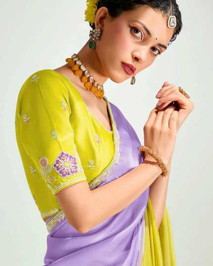 Bewitching Lavender and Lemon Yellow Organza Tissue Embroidered Designer Wedding Saree