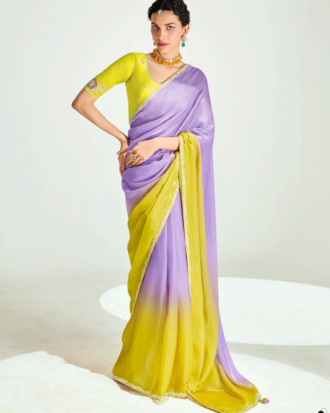 Bewitching Lavender and Lemon Yellow Organza Tissue Embroidered Designer Wedding Saree