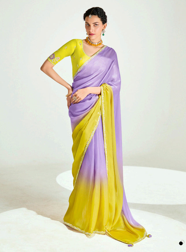 Bewitching Lavender and Lemon Yellow Organza Tissue Embroidered Designer Wedding Saree