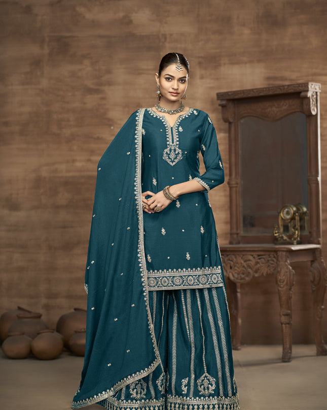 peacock blue chinnon silk embroidered readymade palazzo kameez
