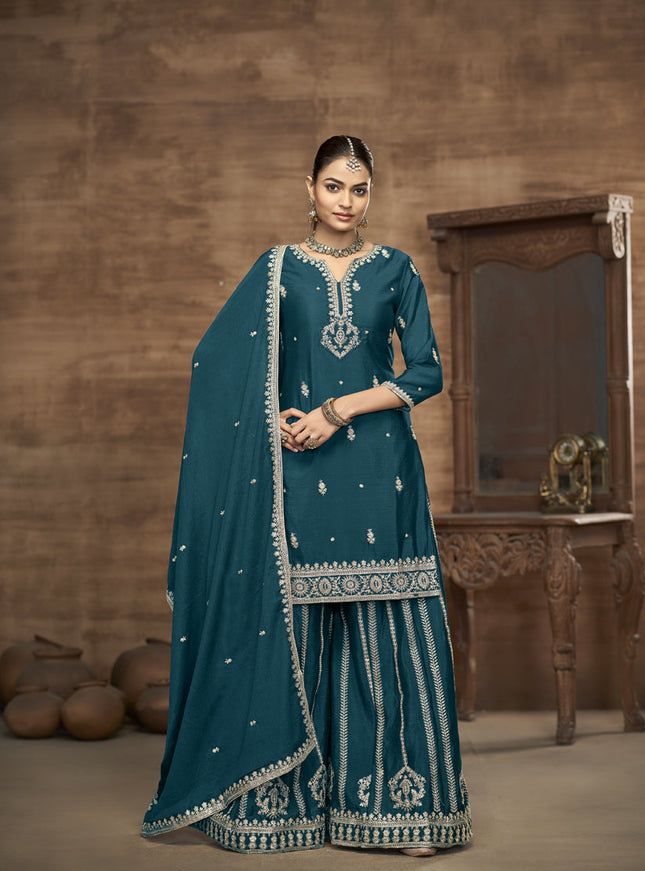 peacock blue chinnon silk embroidered readymade palazzo kameez