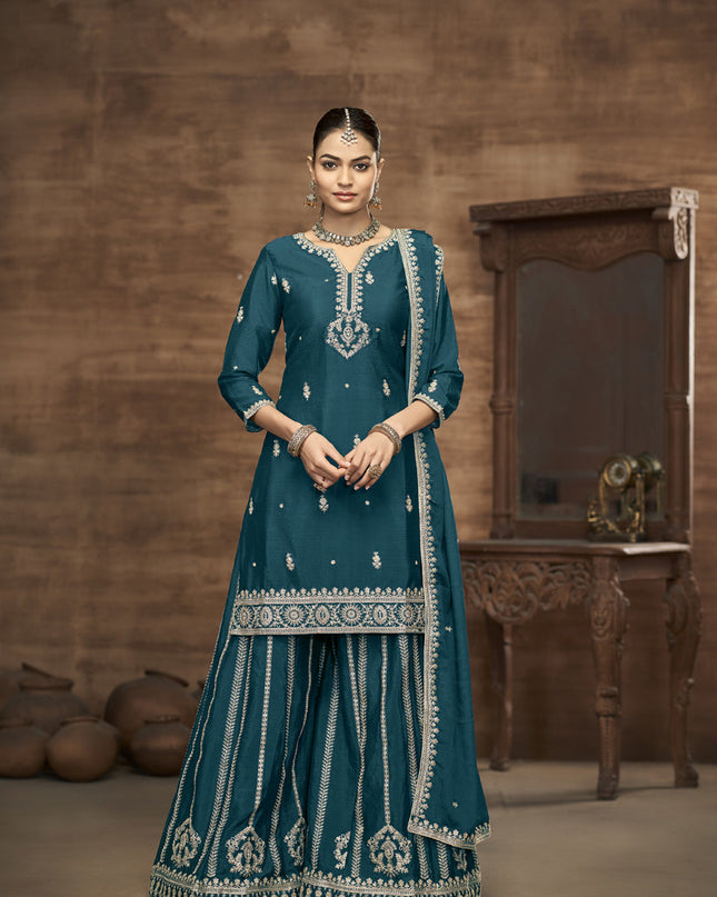 peacock blue chinnon silk embroidered readymade palazzo kameez