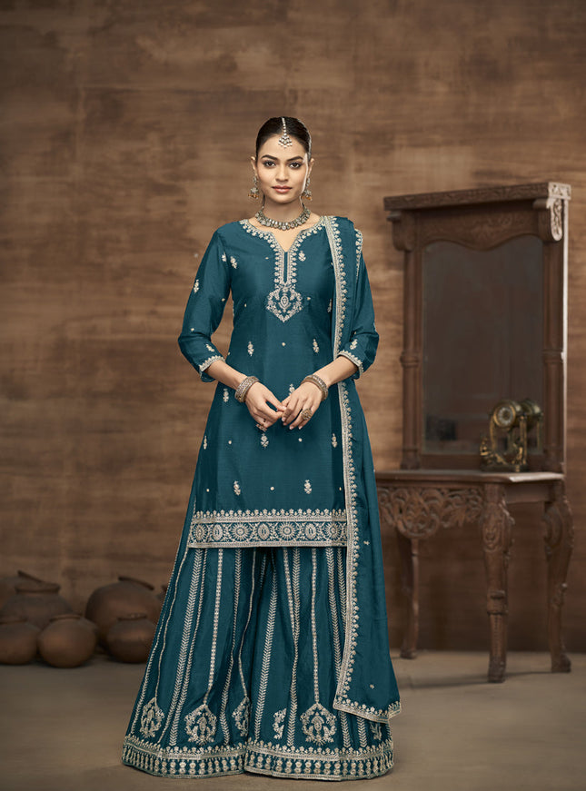 peacock blue chinnon silk embroidered readymade palazzo kameez