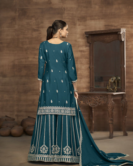 peacock blue chinnon silk embroidered readymade palazzo kameez