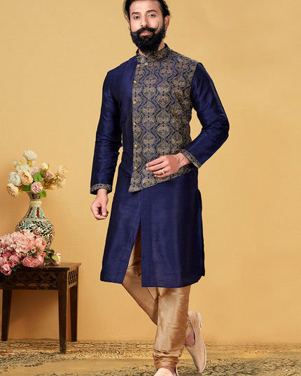 Awesome Navy Blue Dhupion Silk Embroidered Mens Kurta Set