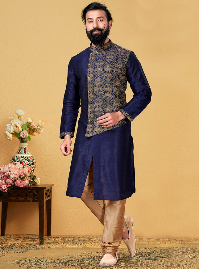 Awesome Navy Blue Dhupion Silk Embroidered Mens Kurta Set