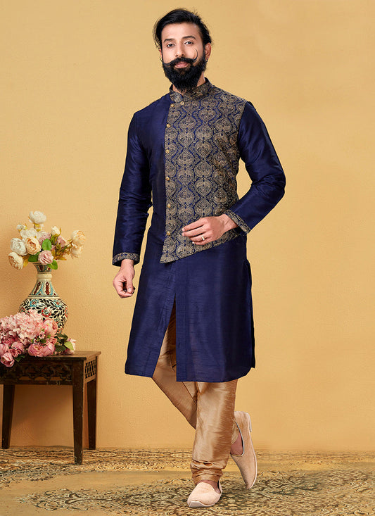 Awesome Navy Blue Dhupion Silk Embroidered Mens Kurta Set