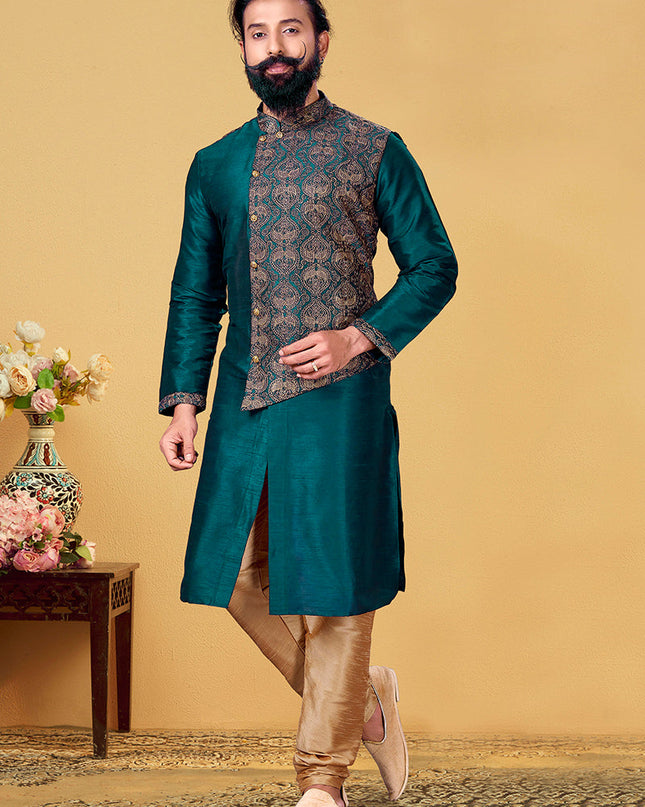 Adorable Teal Green Dhupion Silk Embroidered Mens Kurta Set