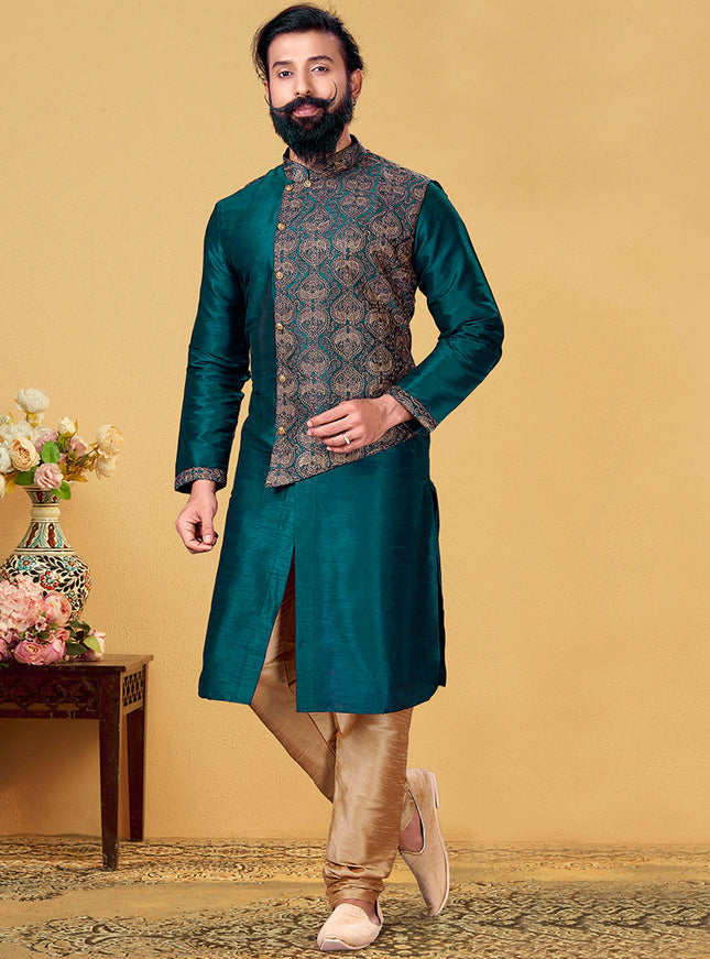 Adorable Teal Green Dhupion Silk Embroidered Mens Kurta Set