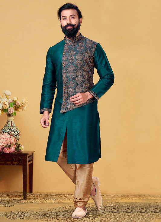 Adorable Teal Green Dhupion Silk Embroidered Mens Kurta Set