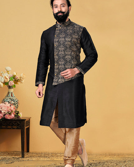 Dashing Black Dhupion Silk Embroidered Mens Kurta Set