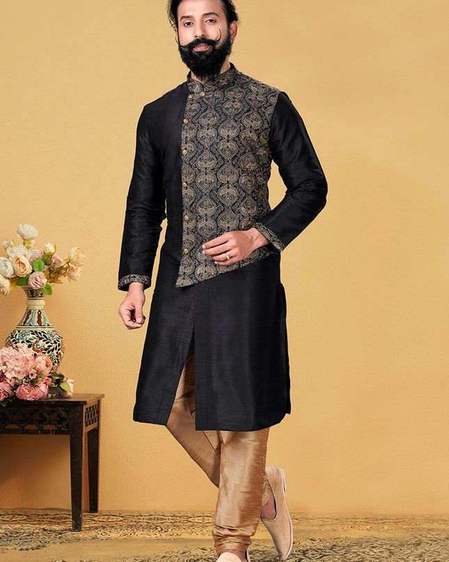 Dashing Black Dhupion Silk Embroidered Mens Kurta Set